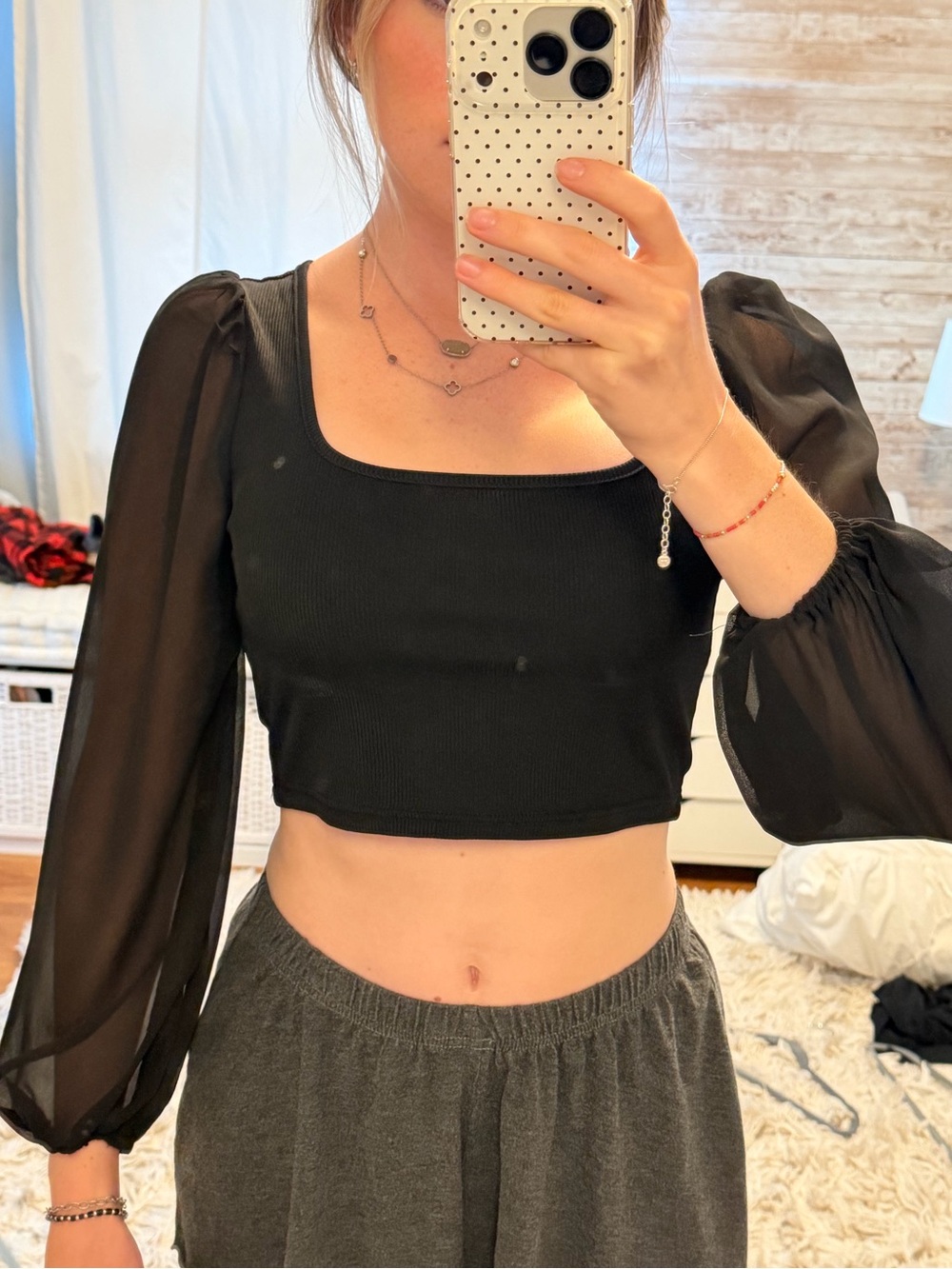 Black Sheer Sleeve Square Neck Crop Top - Women